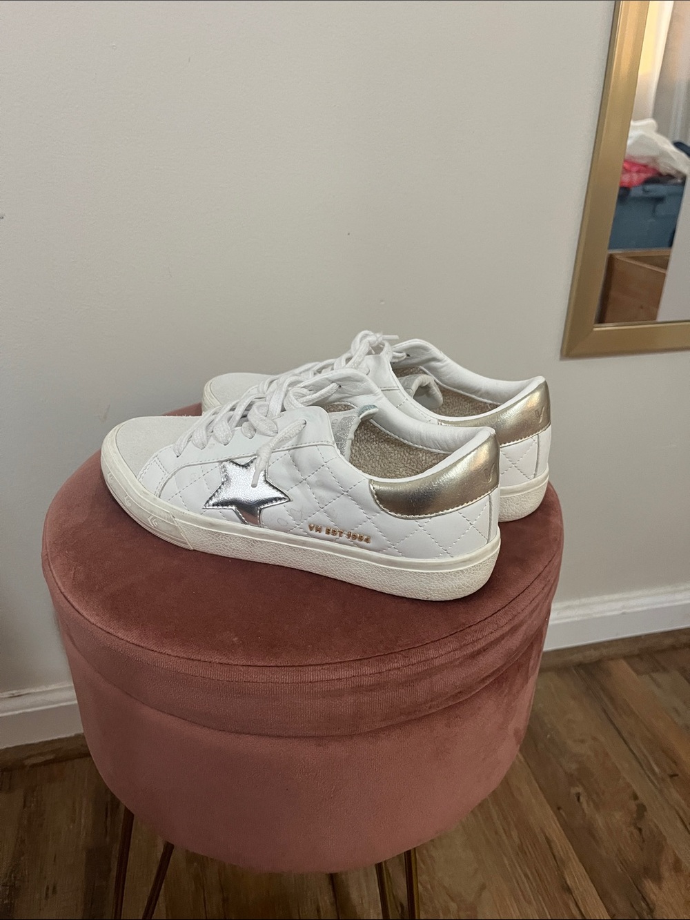 Golden Goose White Quilted Sneakers with Metallic Gold Heel and Silver Star